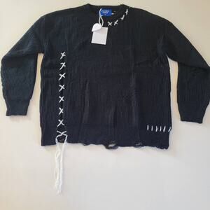 NWT Aelfric Eden Distressed Black Knit Pullover Fisherman Sweater Men's Size L